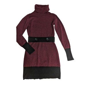IZ Burgundy Long Sweater Tunic, Turtleneck, Bordeaux and Black, Cinched …